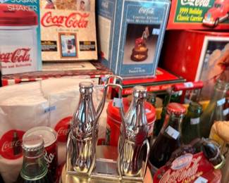 Coca-Cola sugar shaker, chrome Coke bottle salt and pepper shakers, boxed Coke collectibles