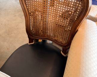 Vintage cane back accent chair, dark upholstered seat, wood frame dining chair furniture