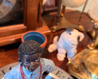 Ceramic boy figurine, brass hourglass, mantel clock, pig figurine, Love plate, shelf collectibles lot
