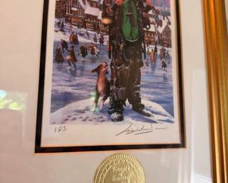 Emmett Kelly Jr signed numbered print, clown violin snow scene, gold seal, framed art
