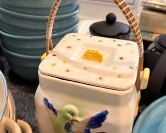 Ceramic cookie jar, rooster bird design, wicker handle, polka dots, kitchen collectible