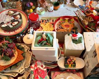Christmas snowman plates, Santa figurines, cookie jar, holiday decor lot
