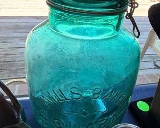 Antique blue Ball mason jar with wire bail closure, quart size