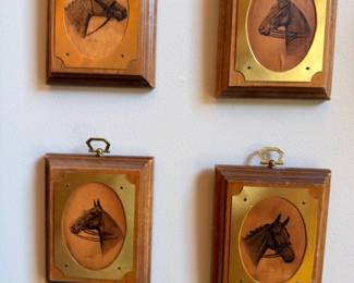 Set of 4 vintage horse portrait plaques on wood, equestrian wall art decor