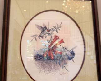 Framed bird print with oval mat, cardinals on branch, vintage wildlife art