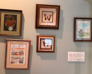 Gallery wall art collection, framed floral painting, butterfly specimen, landscape prints lot