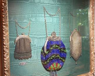 Vintage beaded mesh evening purses collection, antique handbags, ornate gold frame display