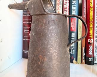 Antique galvanized tin oil pitcher with handle and spout