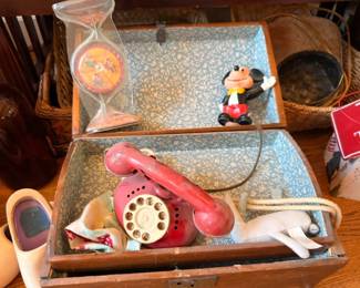 Vintage pink rotary dial telephone, Mickey Mouse figurine, enamelware tray, cast iron pan