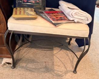 Wrought iron vanity bench with cushion seat, scrollwork legs, bedroom stool furniture