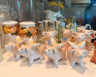 Ceramic flying pig figurines collection, winged pigs, whimsical kitchen collectibles lot