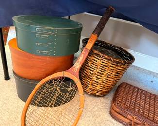 Shaker-style stacking oval boxes, woven basket, vintage tennis racquet