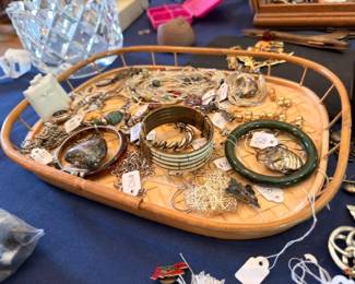 Jade bangle bracelets, assorted costume jewelry lot, chains, bangles, earrings