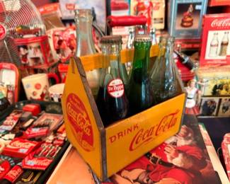 Drink Coca-Cola yellow bottle carrier, vintage Coke Dr Pepper bottles, soda pop memorabilia lot