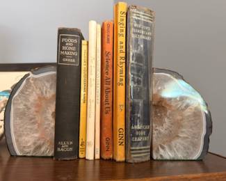 Vintage books with agate geode bookends, antique textbooks, mineral bookend set