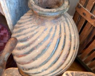 Antique swirl pottery vessel, stoneware crock with weathered patina, primitive decor
