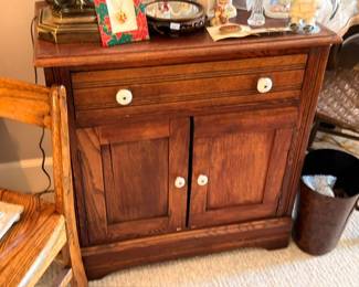 Vintage wood nightstand cabinet with drawer and doors, round knobs