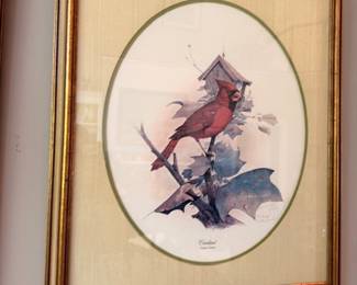 Framed cardinal bird print, oval mat, gold frame, bird art wall decor