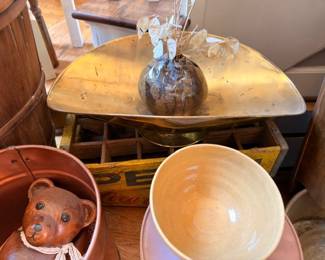 Vintage yellowware mixing bowl, ceramic bear figurine, stoneware jug, wooden crate