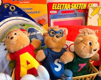 Vintage Alvin and the Chipmunks plush dolls, Electra-Sketch, retro toys and games lot