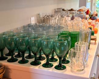 Green glass stemware collection, wine glasses water goblets, vintage colored glassware lot