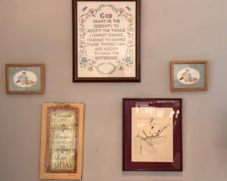 Framed wall art gallery, Serenity Prayer, inspirational prints, cross-stitch, wall decor lot