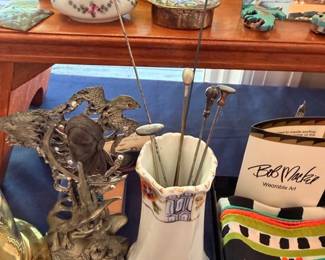 Silver eagle figurine, antique hatpins in porcelain holder, Bob Mackie Wearable Art