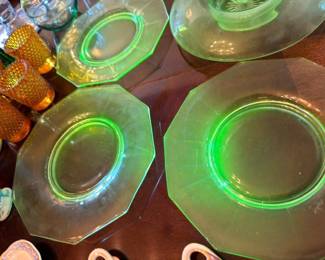 Green uranium vaseline glass plates and bowls, amber hobnail glass, depression glass collection