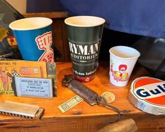 Vintage Ryman Auditorium Nashville cup, Gulf Oil cup, harmonica, advertising collectibles