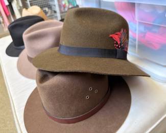 Brown felt fedora hat, feather accent band, vintage men's dress hat