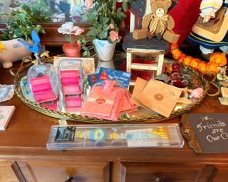 Decorative figurines, silk flowers, porcelain bunny, greeting cards, vintage home decor lot