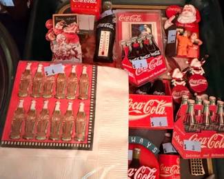 Coca-Cola serving trays, magnets, ornaments, mini bottle six-packs, Coke memorabilia lot