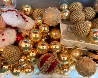 Gold Christmas ornaments, glass bulbs, beaded garland, holiday decorations lot