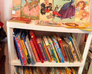 Vintage children's bookshelf, Mother Goose, How Fletcher Was Hatched, classic kids books collection