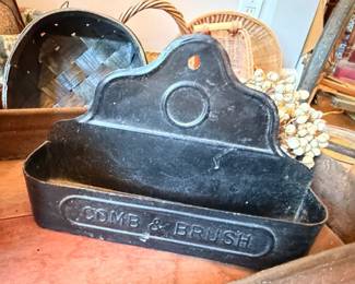 Antique tin Comb & Brush wall holder, Victorian bathroom accessory, primitive decor