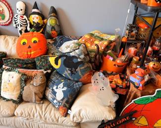 Halloween figurines, skeleton, witch, ghost, pumpkin decor, seasonal collectibles lot