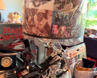 Harley Davidson memorabilia lot, motorcycle bucket hat, American flag, HD collectibles
