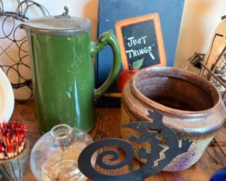 Green ceramic coffee pot, handmade pottery bowl spiral design, Just Things sign, rustic decor