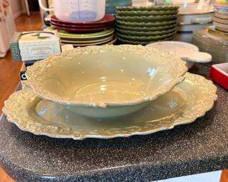 Green ceramic serving bowl and plate set, gold rim, stacked dinnerware lot