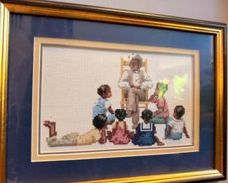 Framed cross-stitch needlework of children with animals, gold frame, vintage textile art