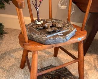 Vintage wooden corner chair, decorative branch tree, accent furniture