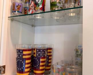 Patriotic American flag glasses, vintage cartoon character tumblers, collectible drinkware lot