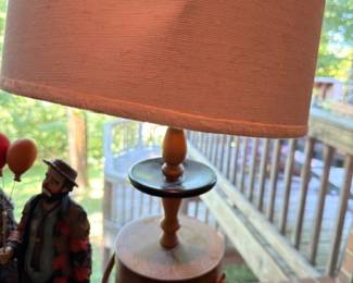 Wood turned table lamp with fabric shade, vintage bedroom nightstand lamp