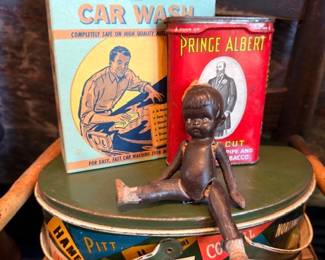 Vintage Colgate Car Wash box, Prince Albert tobacco tin, college pennants tin, jointed doll