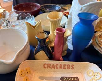 Vintage pottery collection, Crackers serving dish, colorful ceramic vases bud vases bowls lot