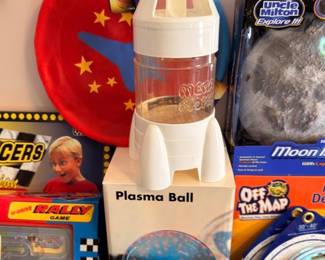 Vintage toys and science kits, Plasma Ball, Uncle Milton, flying saucer, Off the Map game, retro toys lot