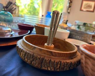 Carved wood nut bowl with nutcracker picks set, vintage entertaining accessory, mid-century