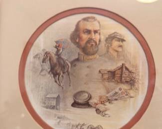 Framed collector plate, frontier mountain man log cabin scene, wall art