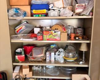 Wood cabinet full of kitchen items, glassware small appliances, household goods cupboard lot