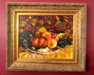 Oil painting still life with fruit, ornate gilt frame, fine art